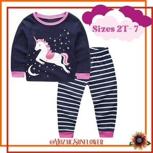 Cotton Girls 2 Piece Jogger Pant & Top Set Unicorn Blue, White & Bubblegum Pink